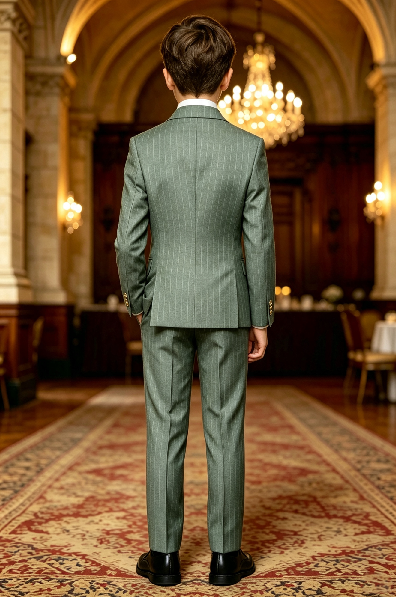 Haze‑Green Pinstripe Serge‑Blend Double‑Breasted Formal 2‑Piece Suit