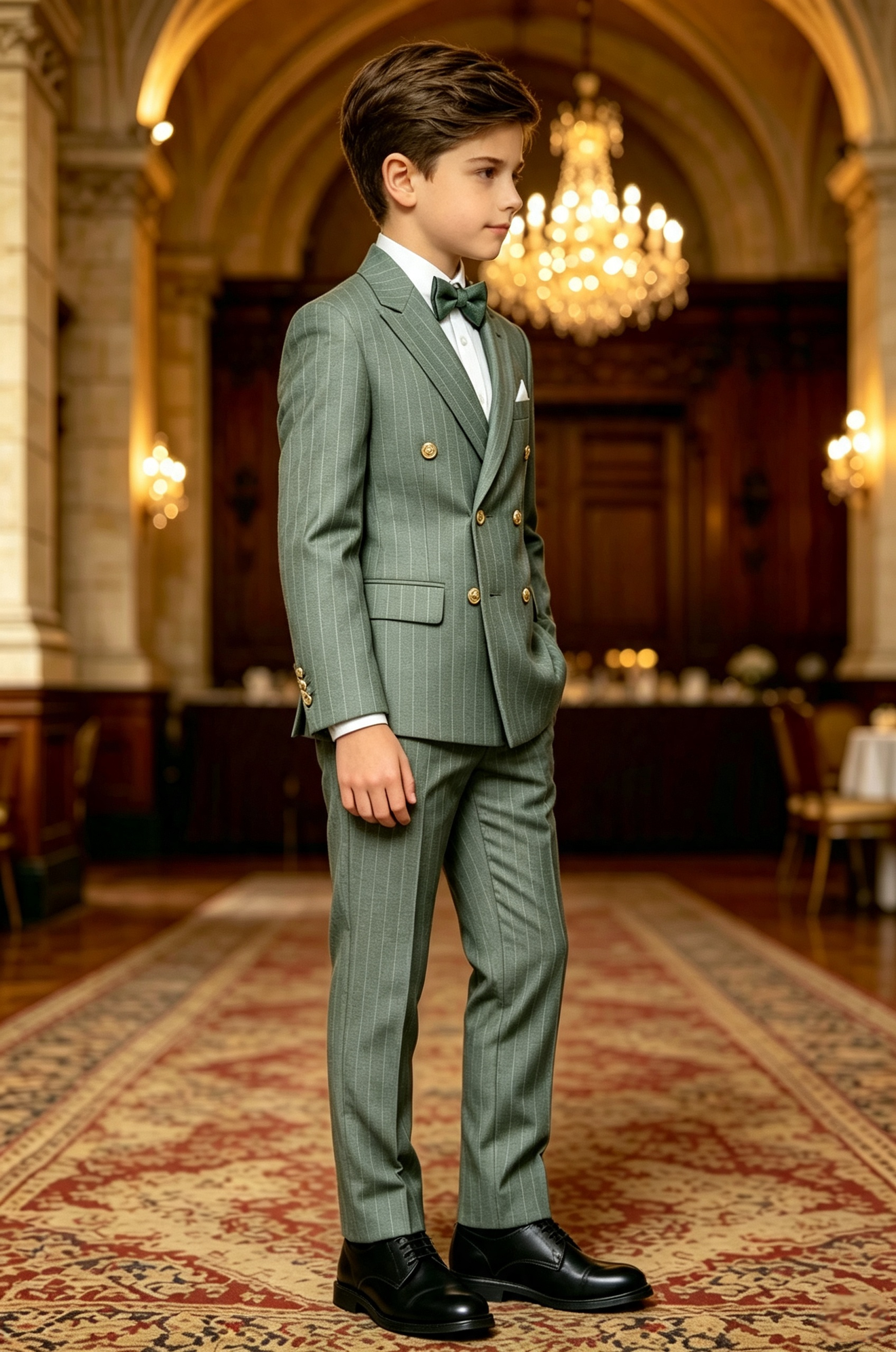 Haze‑Green Pinstripe Serge‑Blend Double‑Breasted Formal 2‑Piece Suit