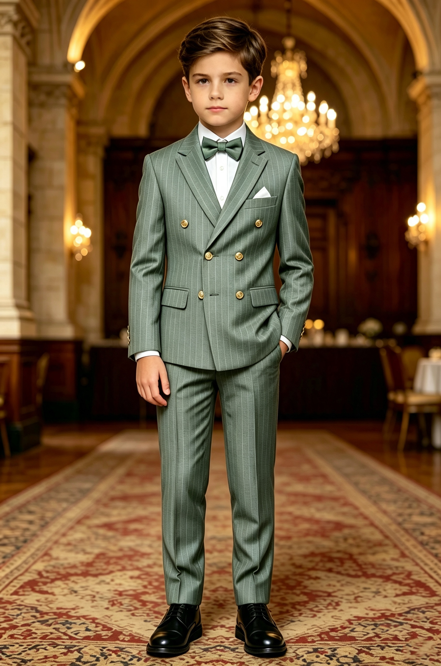 Haze‑Green Pinstripe Serge‑Blend Double‑Breasted Formal 2‑Piece Suit