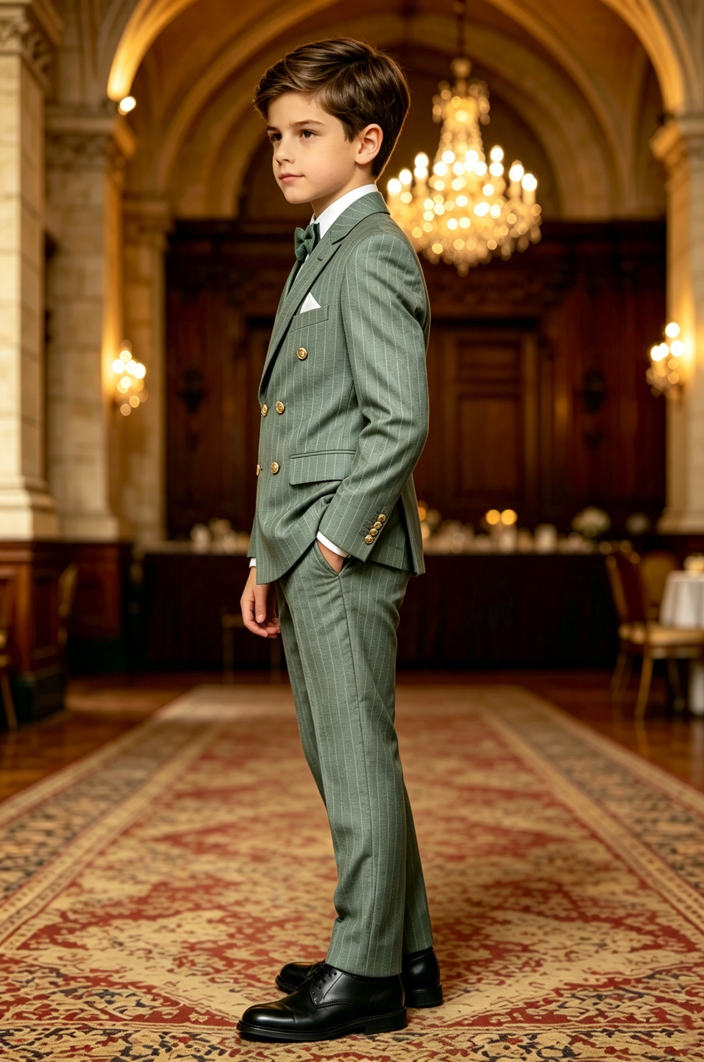 Haze‑Green Pinstripe Serge‑Blend Double‑Breasted Formal 2‑Piece Suit