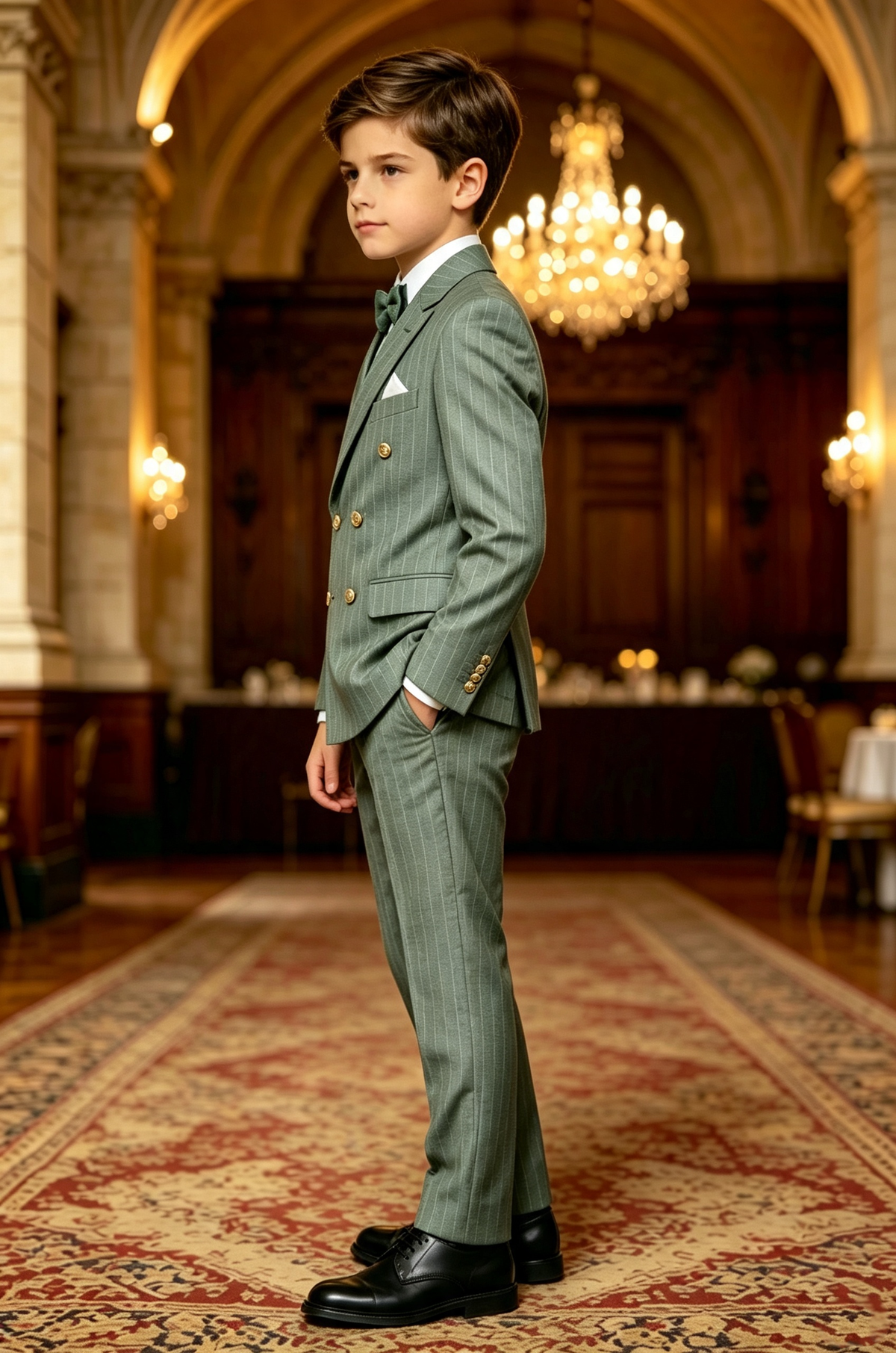 Haze‑Green Pinstripe Serge‑Blend Double‑Breasted Formal 2‑Piece Suit