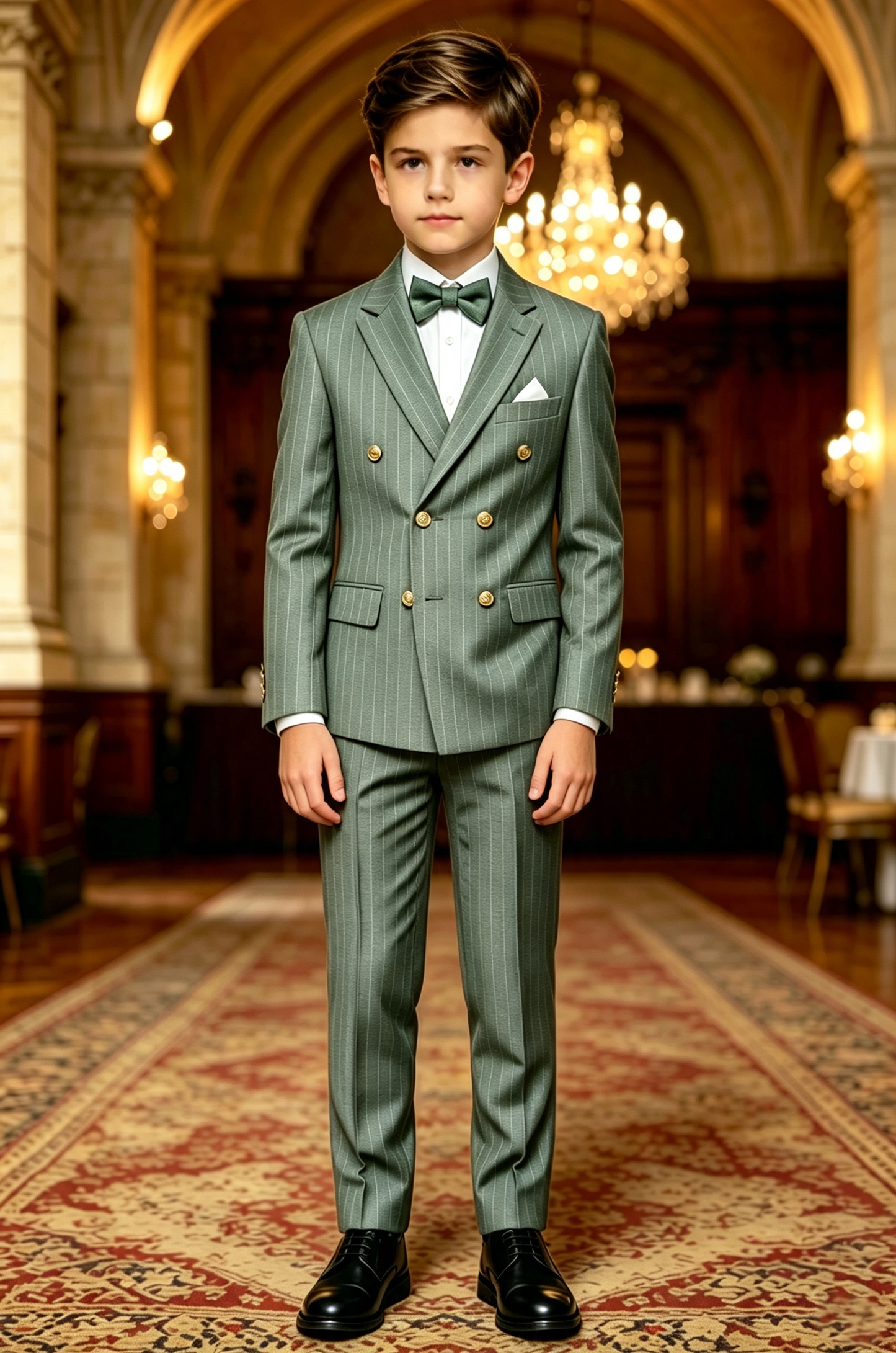 Haze‑Green Pinstripe Serge‑Blend Double‑Breasted Formal 2‑Piece Suit