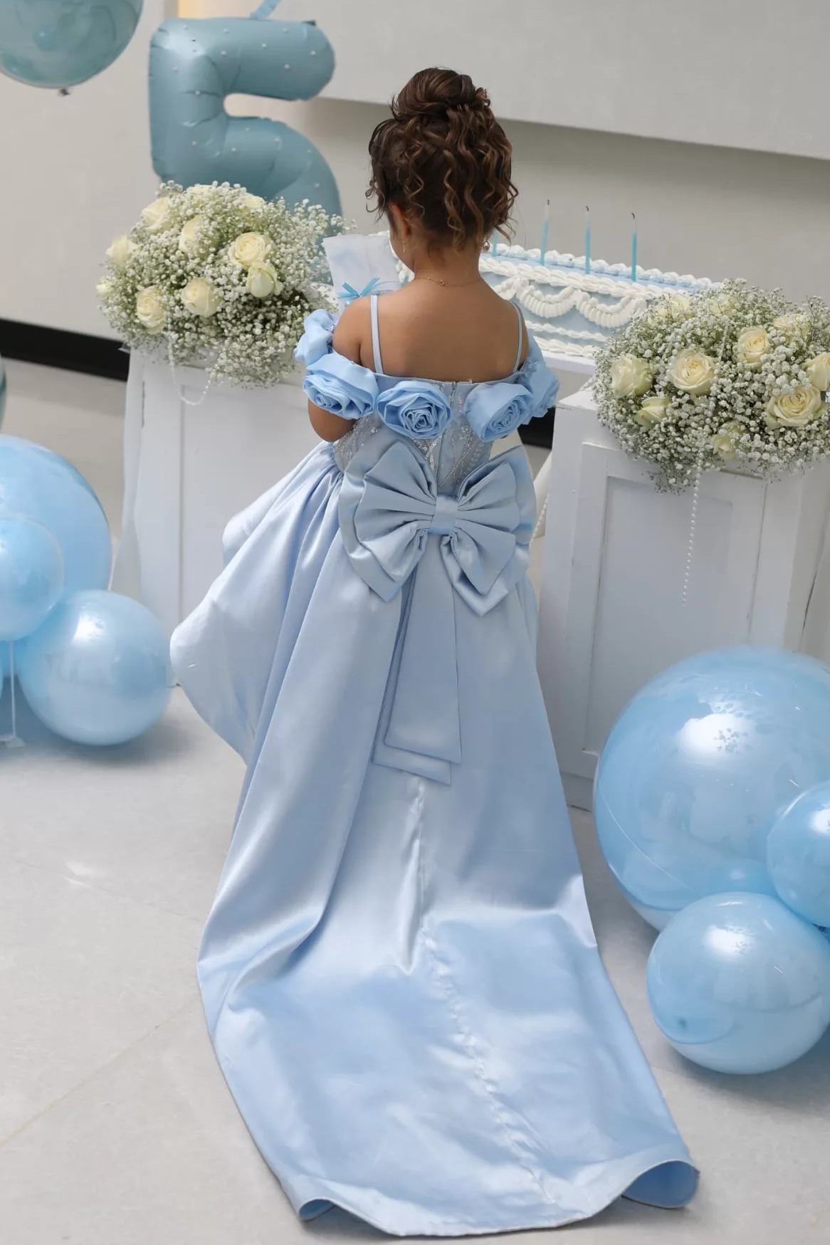 Sky‑Blue Satin Off‑Shoulder 3D Flower Sequin Big Bow Long Train Dress