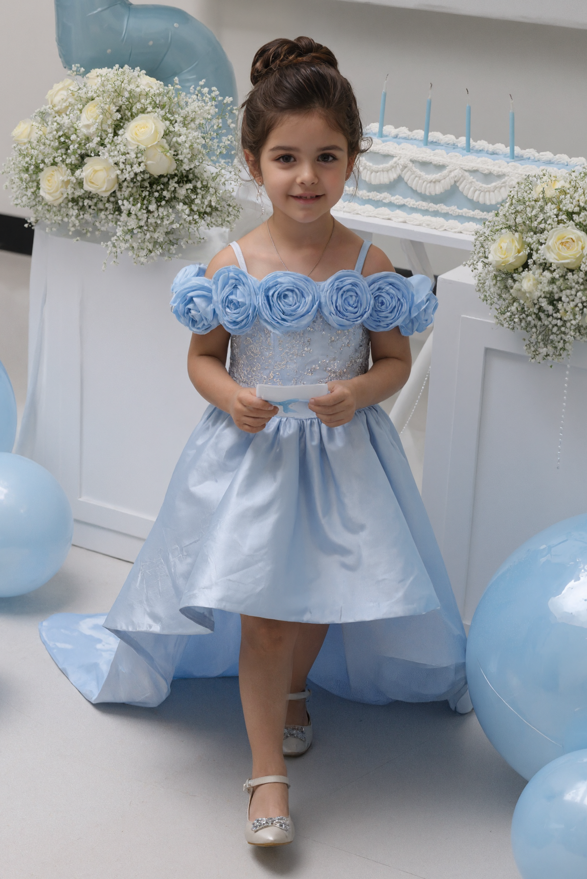 Sky‑Blue Satin Off‑Shoulder 3D Flower Sequin Big Bow Long Train Dress