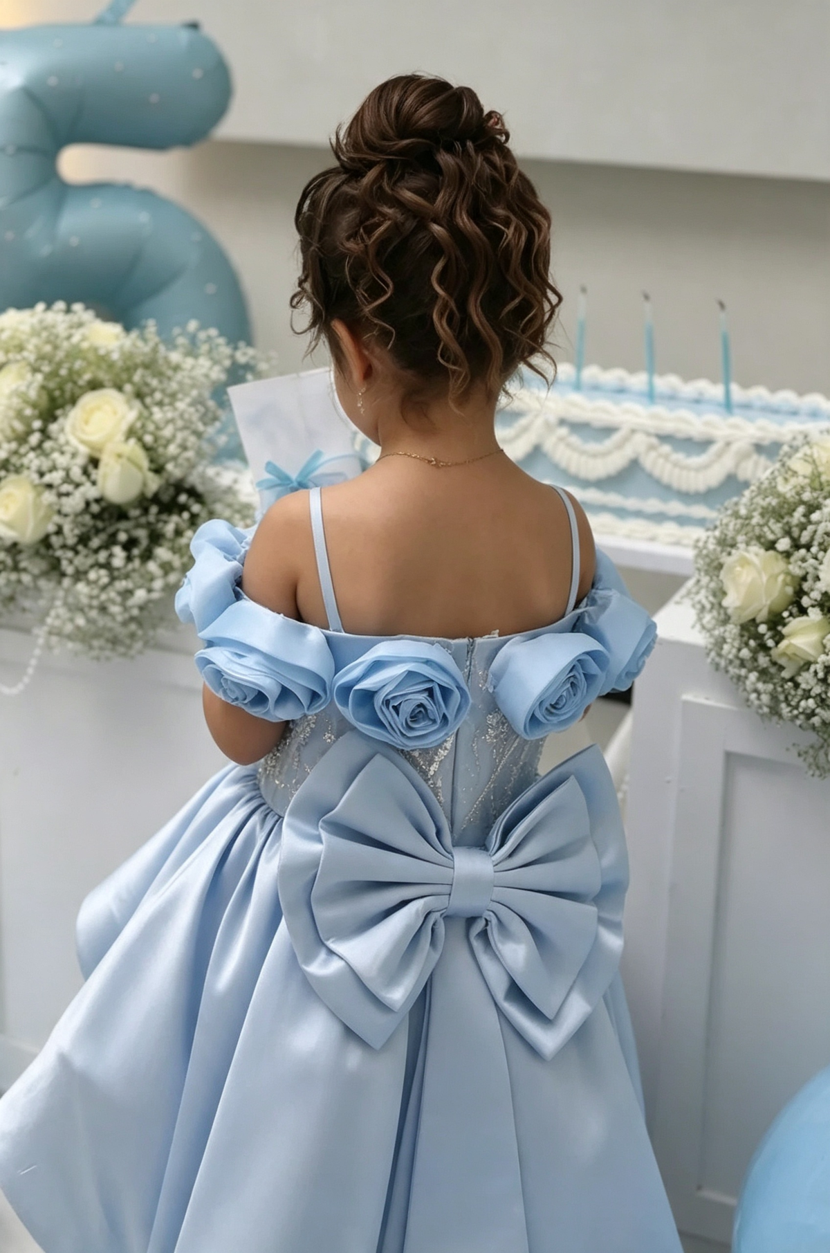 Sky‑Blue Satin Off‑Shoulder 3D Flower Sequin Big Bow Long Train Dress