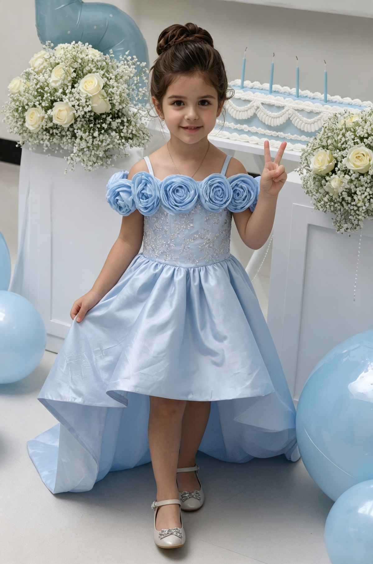 Sky‑Blue Satin Off‑Shoulder 3D Flower Sequin Big Bow Long Train Dress