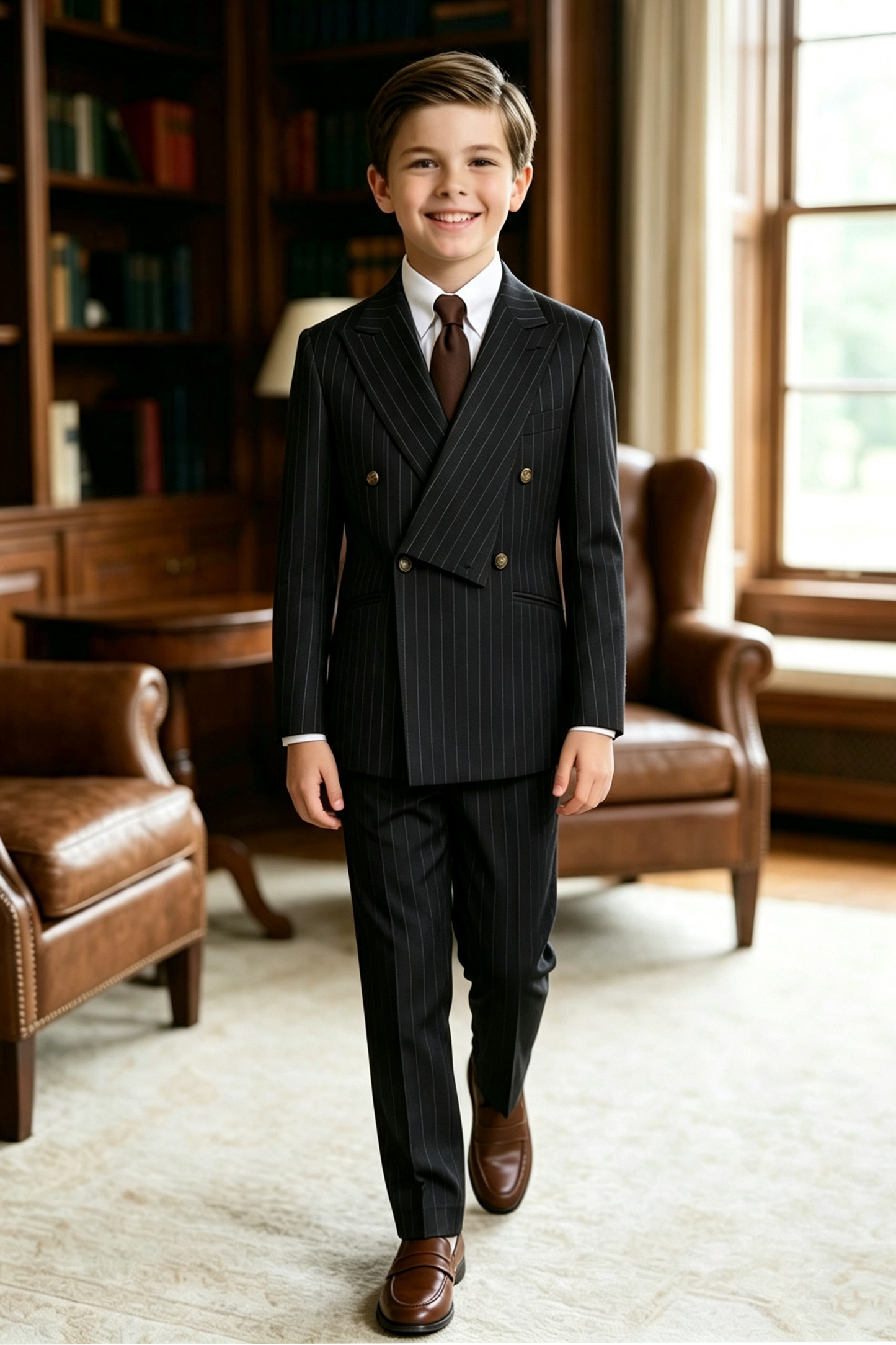 Black Pinstripe Serge‑Blend Double‑Breasted Formal 2‑Piece Suit