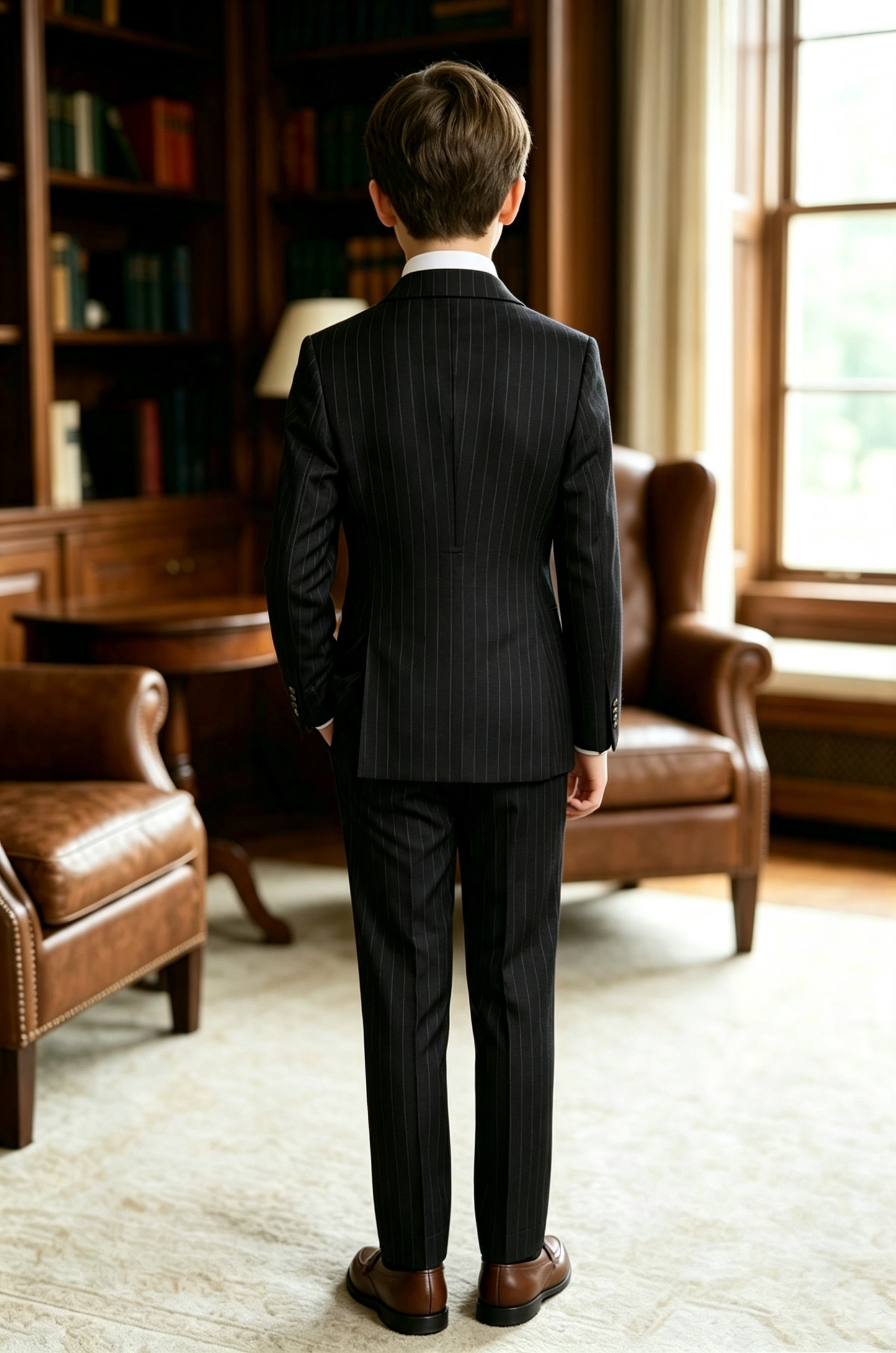 Black Pinstripe Serge‑Blend Double‑Breasted Formal 2‑Piece Suit