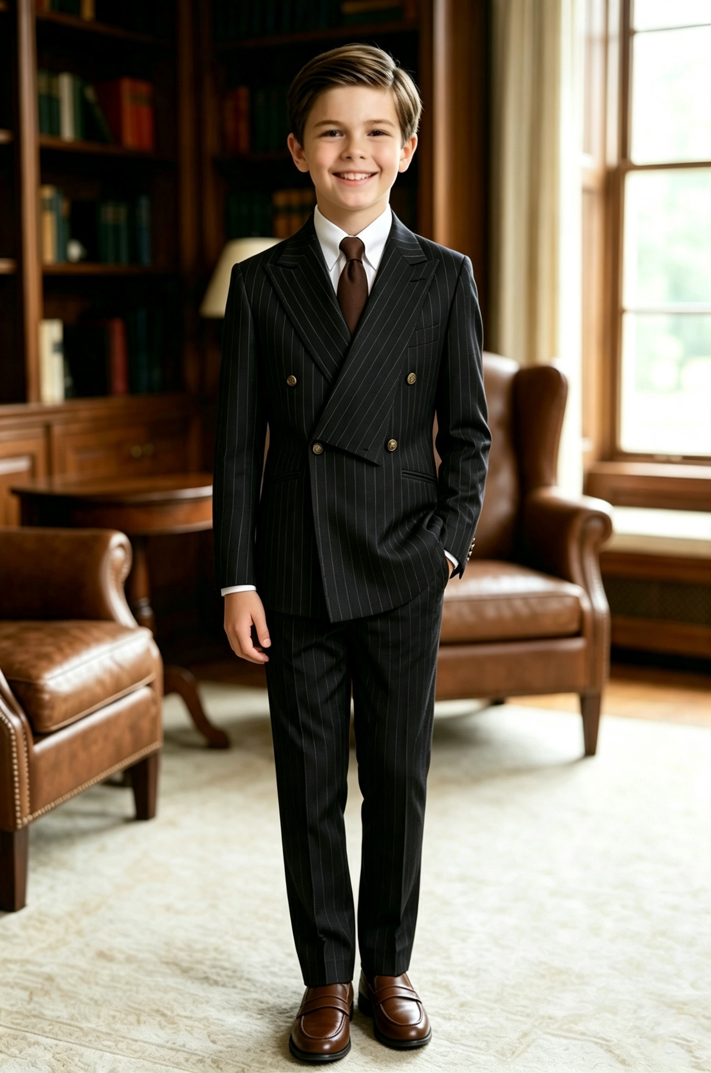 Black Pinstripe Serge‑Blend Double‑Breasted Formal 2‑Piece Suit