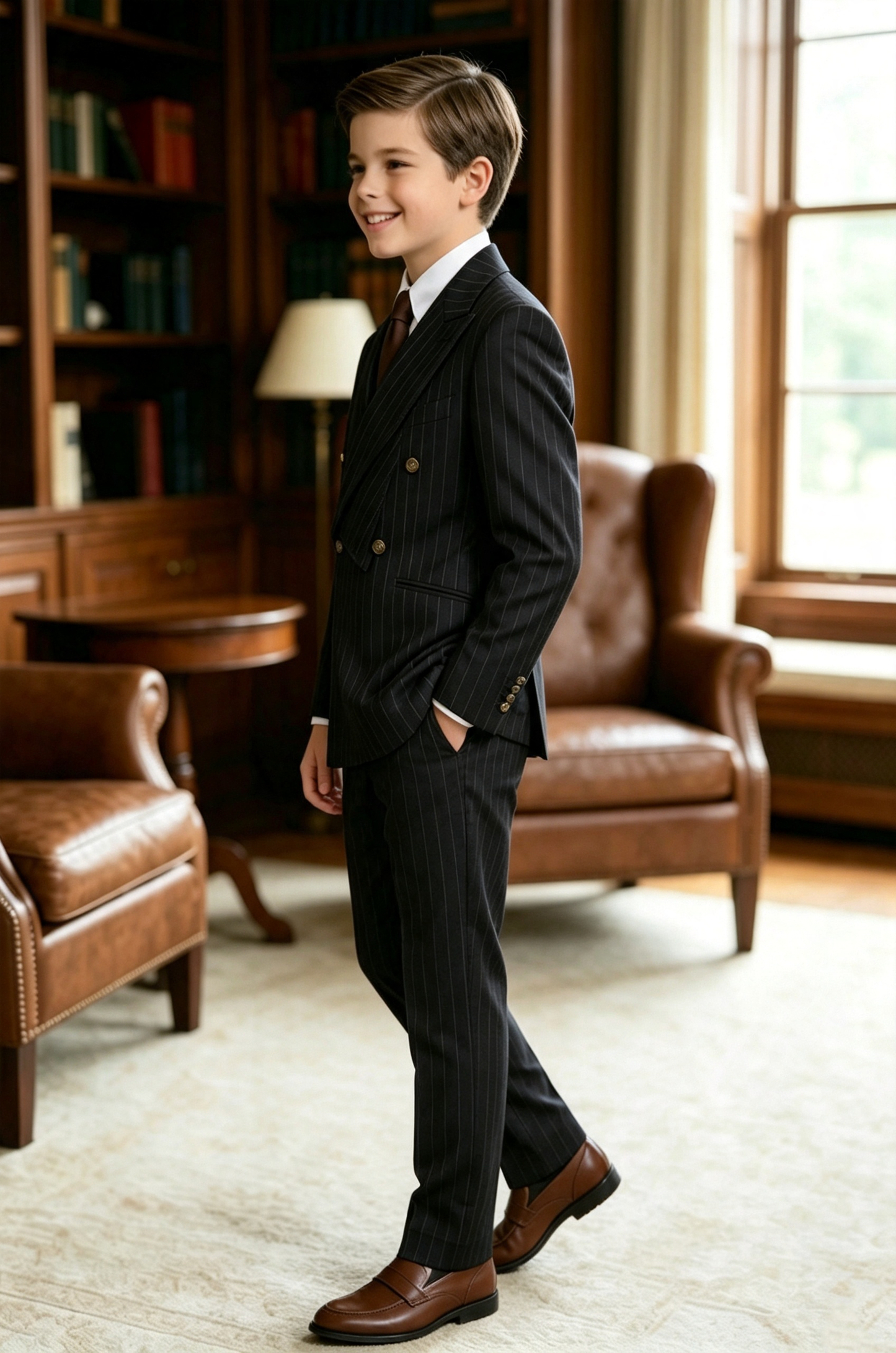 Black Pinstripe Serge‑Blend Double‑Breasted Formal 2‑Piece Suit