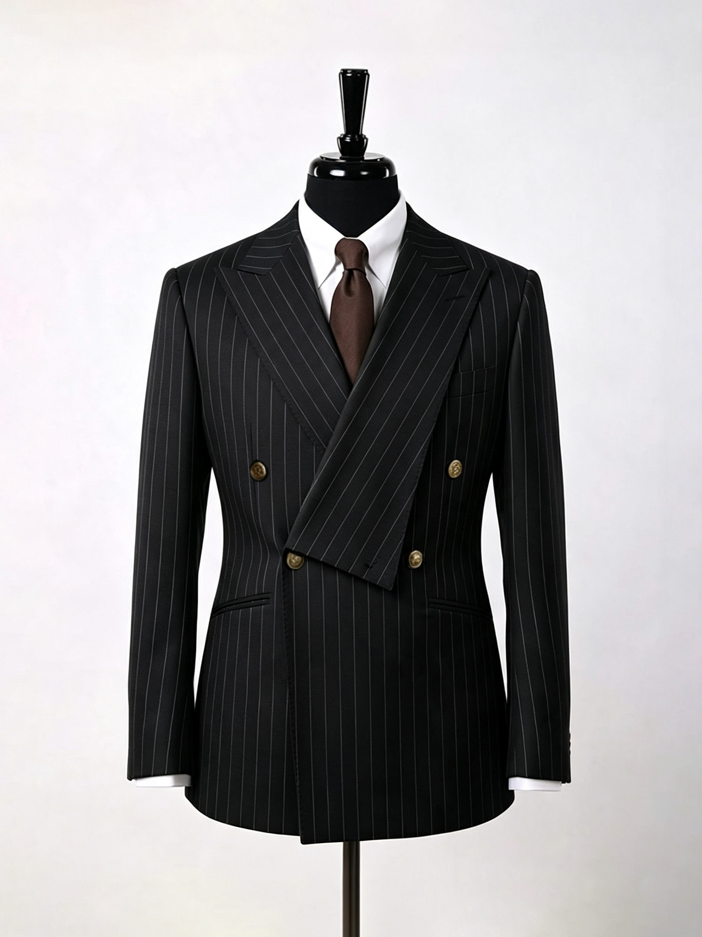 Black Pinstripe Serge‑Blend Double‑Breasted Formal 2‑Piece Suit
