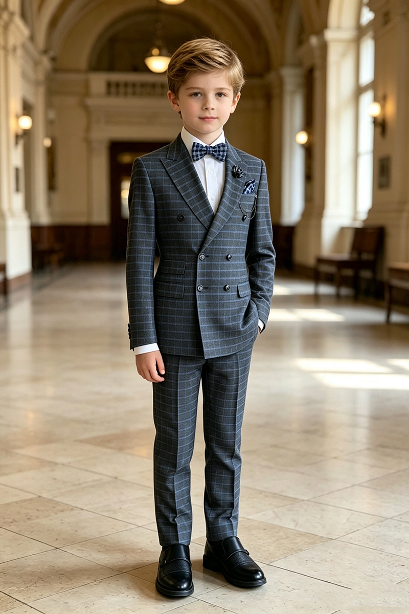 Boys Grey Plaid Double‑Breasted 2-Piece Suit for Weddings