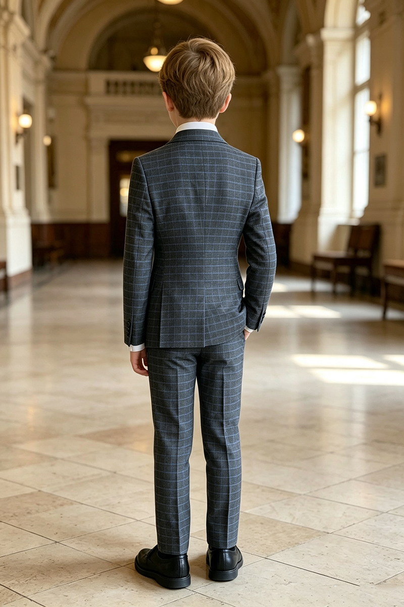 Boys Grey Plaid Double‑Breasted 2-Piece Suit for Weddings