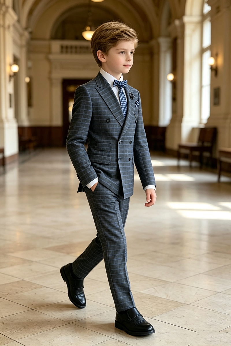 Boys Grey Plaid Double‑Breasted 2-Piece Suit for Weddings