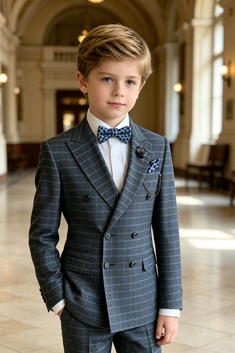Boys Grey Plaid Double‑Breasted 2-Piece Suit for Weddings