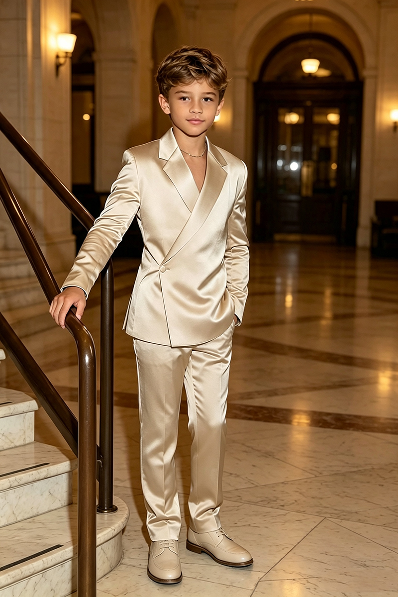 Boys Champagne Satin Wrap‑Front Tuxedo 2-Piece Suit for Weddings