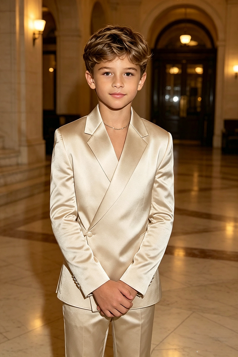 Boys Champagne Satin Wrap‑Front Tuxedo 2-Piece Suit for Weddings