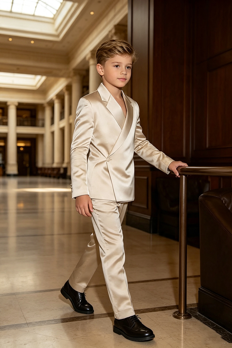 Boys Champagne Satin Wrap‑Front Tuxedo 2-Piece Suit for Weddings
