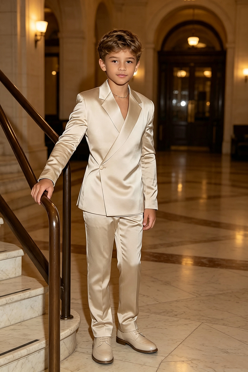 Boys Champagne Satin Wrap‑Front Tuxedo 2-Piece Suit for Weddings