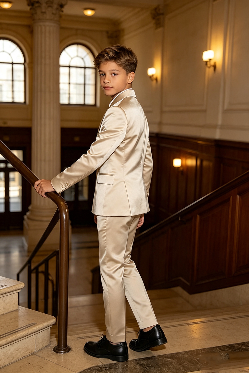 Boys Champagne Satin Wrap‑Front Tuxedo 2-Piece Suit for Weddings