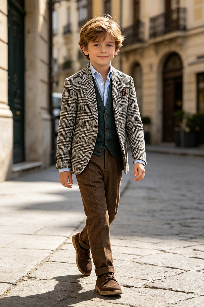 Boys Houndstooth Tweed Notch Lapel 2‑Piece Suit for Weddings
