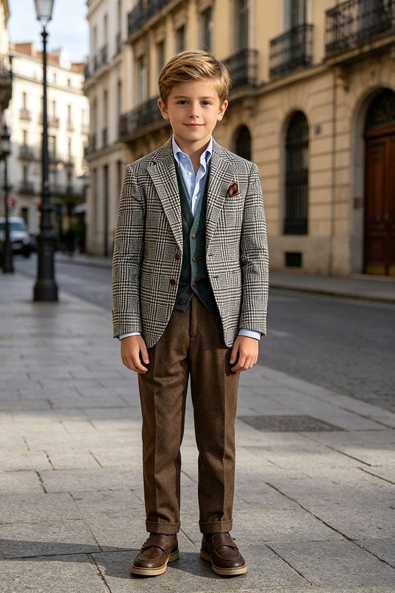 Boys Houndstooth Tweed Notch Lapel 2‑Piece Suit for Weddings