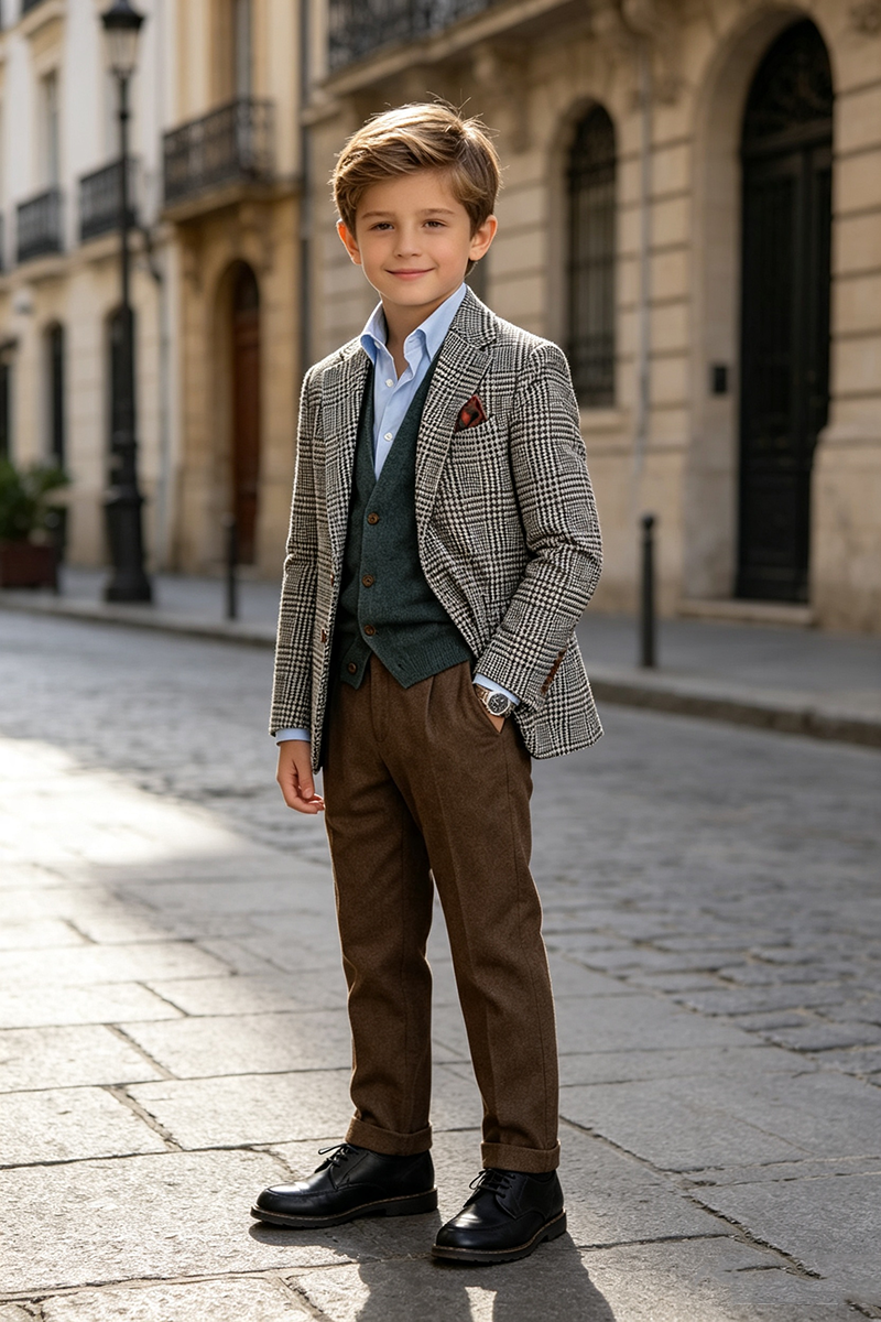 Boys Houndstooth Tweed Notch Lapel 2‑Piece Suit for Weddings