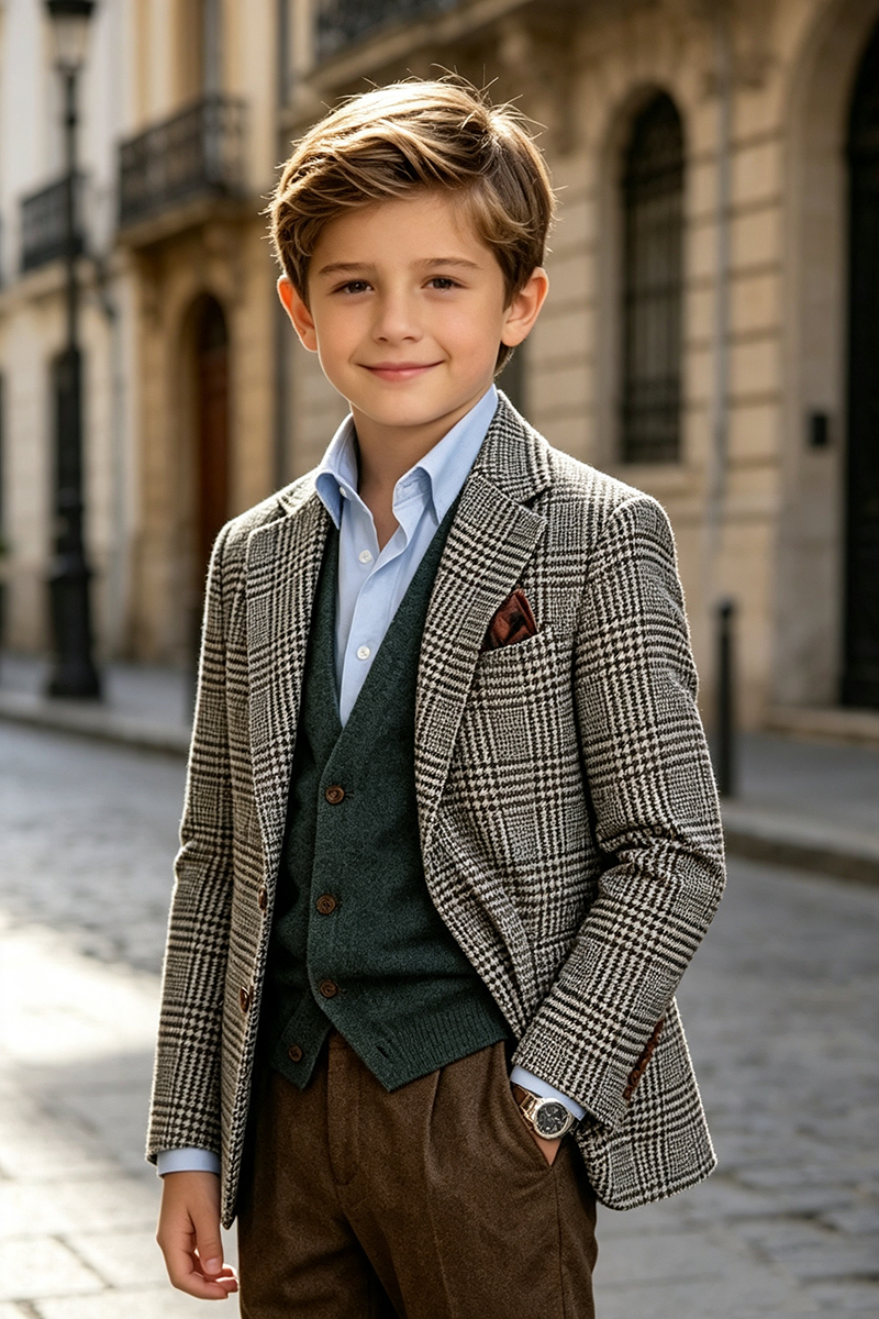 Boys Houndstooth Tweed Notch Lapel 2‑Piece Suit for Weddings