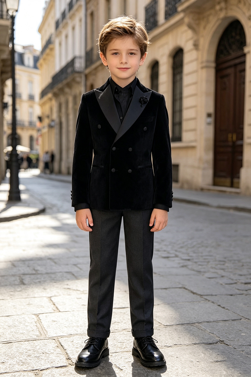 Boys Black Velvet Double‑Breasted with Satin Shawl Lapel Tuxedo 2-Piece Suit for Weddings