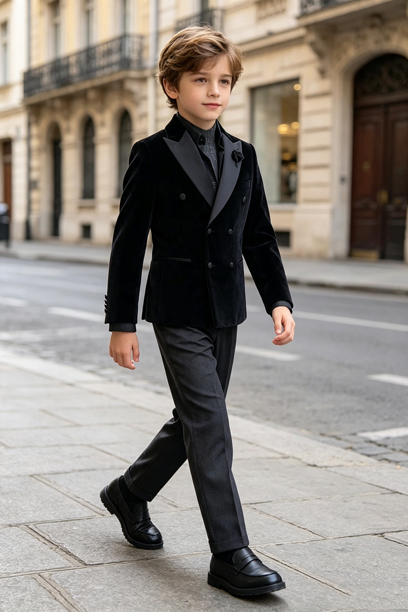 Boys Black Velvet Double‑Breasted with Satin Shawl Lapel Tuxedo 2-Piece Suit for Weddings