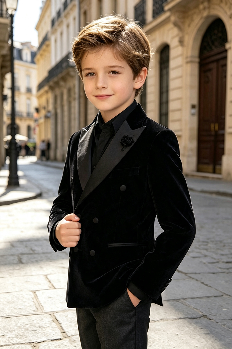 Boys Black Velvet Double‑Breasted with Satin Shawl Lapel Tuxedo 2-Piece Suit for Weddings