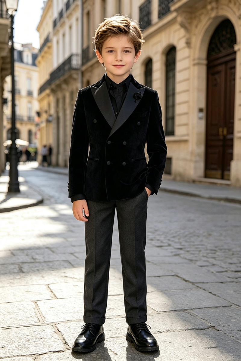 Boys Black Velvet Double‑Breasted with Satin Shawl Lapel Tuxedo 2-Piece Suit for Weddings