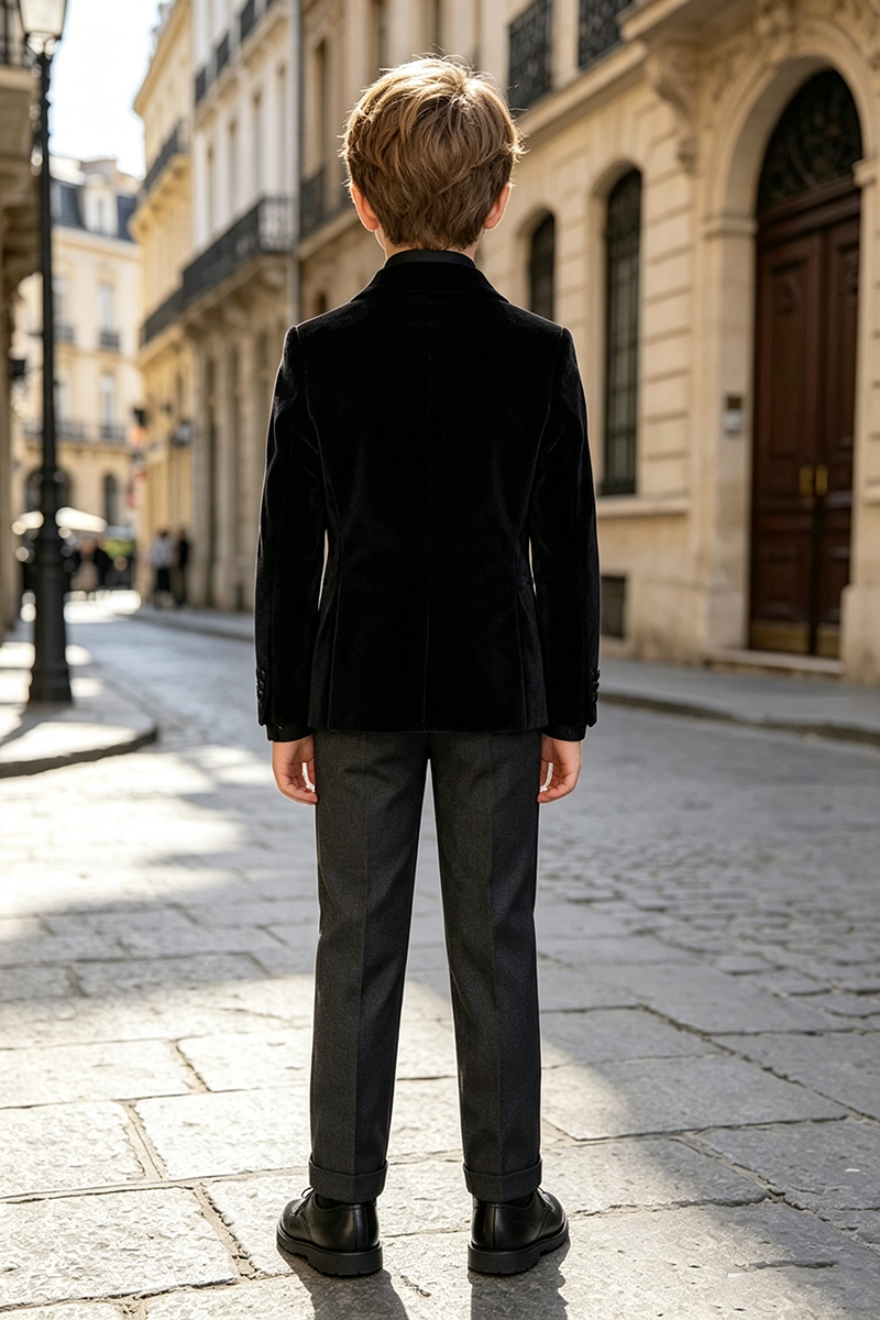 Boys Black Velvet Double‑Breasted with Satin Shawl Lapel Tuxedo 2-Piece Suit for Weddings