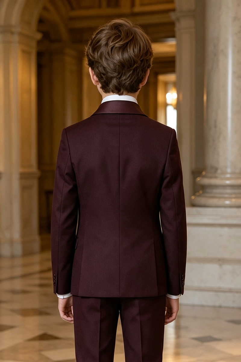 Boys Burgundy Double‑Breasted Tuxedo Jacket for Weddings with Satin Shawl Lapel