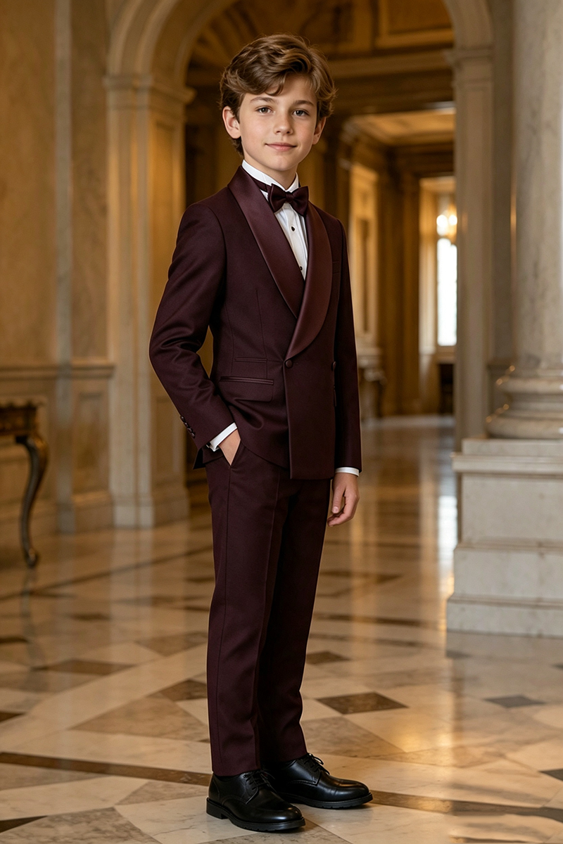 Boys Burgundy Double‑Breasted Tuxedo Jacket for Weddings with Satin Shawl Lapel