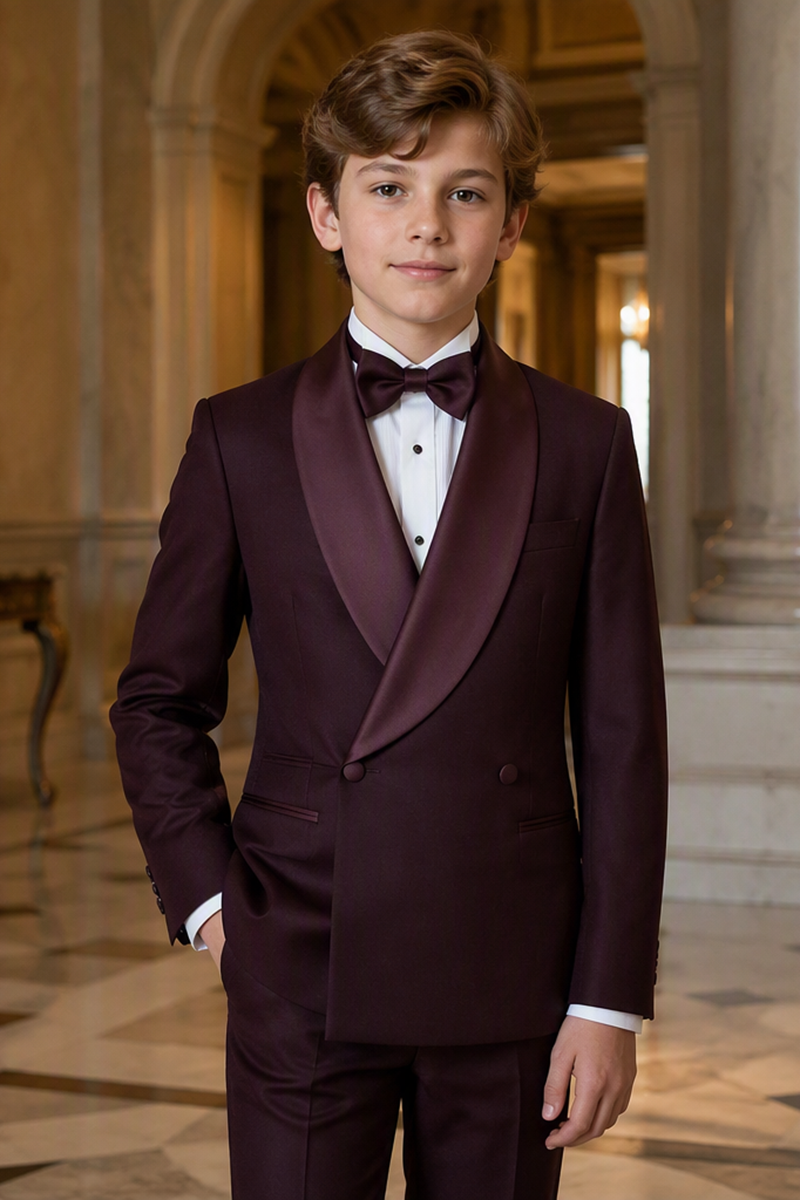 Boys Burgundy Double‑Breasted Tuxedo Jacket for Weddings with Satin Shawl Lapel