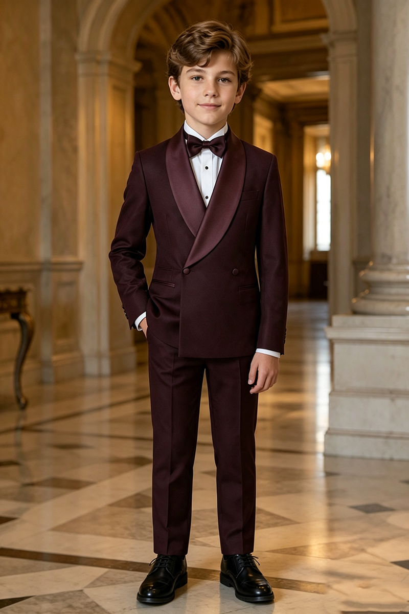 Boys Burgundy Double‑Breasted Tuxedo Jacket for Weddings with Satin Shawl Lapel
