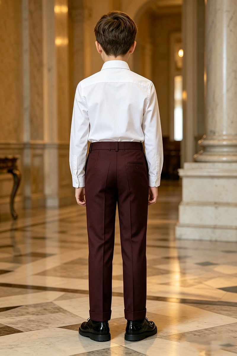 Boys Burgundy Formal Dress Trousers for Weddings with Cuffed Hem Detail