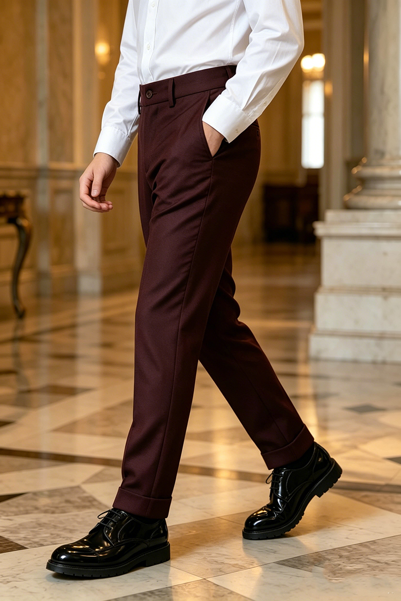 Boys Burgundy Formal Dress Trousers for Weddings with Cuffed Hem Detail