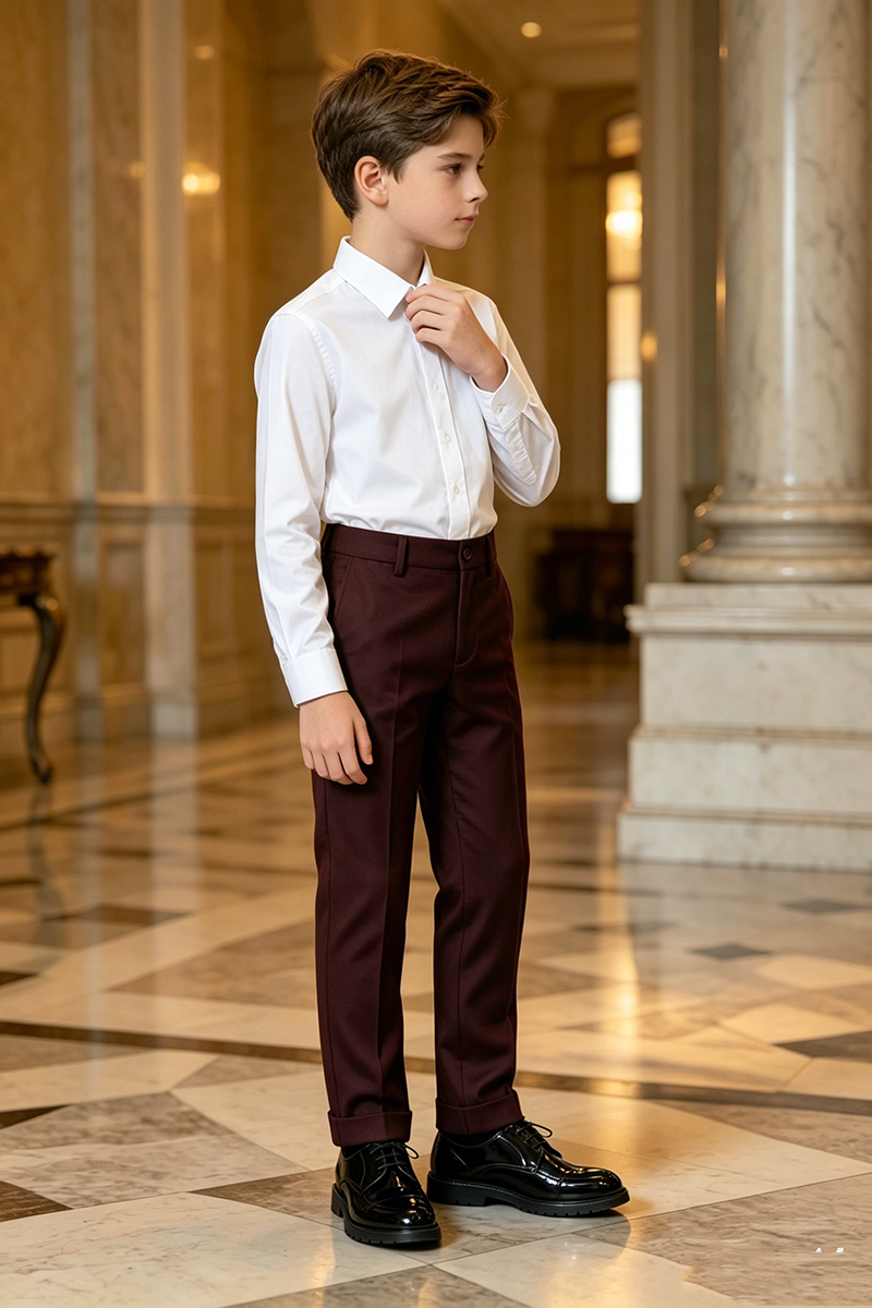 Boys Burgundy Formal Dress Trousers for Weddings with Cuffed Hem Detail
