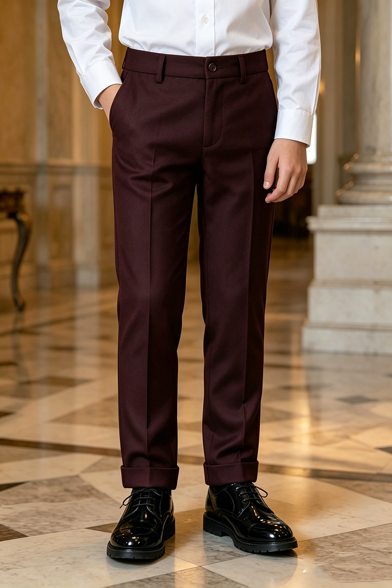 Boys Burgundy Formal Dress Trousers for Weddings with Cuffed Hem Detail