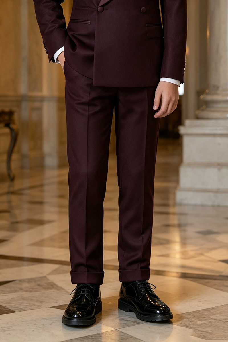 Boys Burgundy Formal Dress Trousers for Weddings with Cuffed Hem Detail