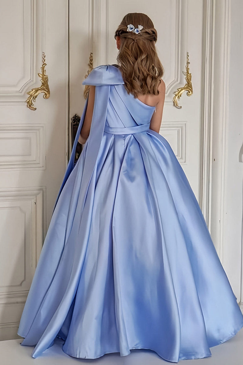 Girls Light Blue Satin One‑Shoulder Gown for Weddings with Bow Cape Detail