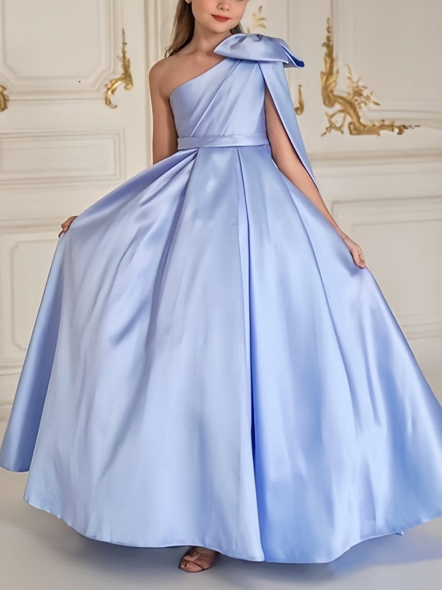 Girls Light Blue Satin One‑Shoulder Gown for Weddings with Bow Cape Detail