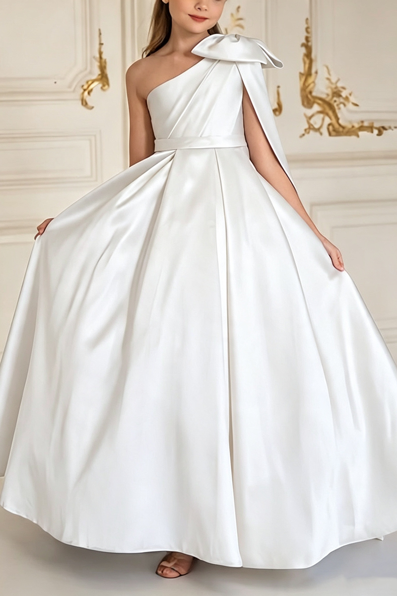 Girls Light Blue Satin One‑Shoulder Gown for Weddings with Bow Cape Detail