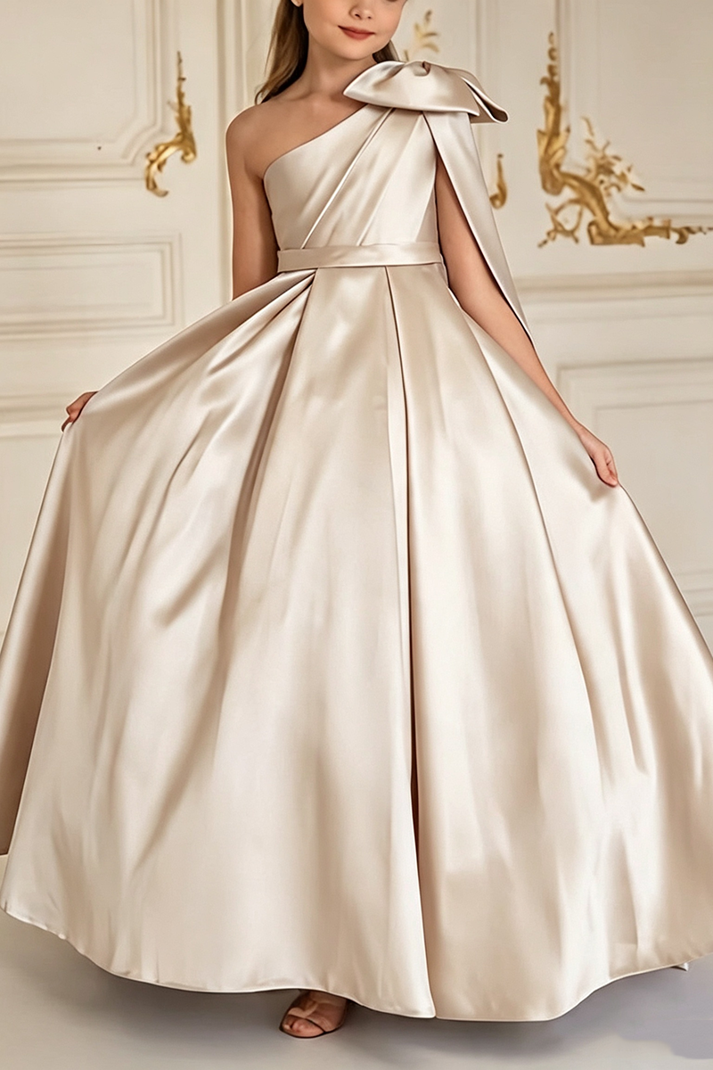 Girls Light Blue Satin One‑Shoulder Gown for Weddings with Bow Cape Detail