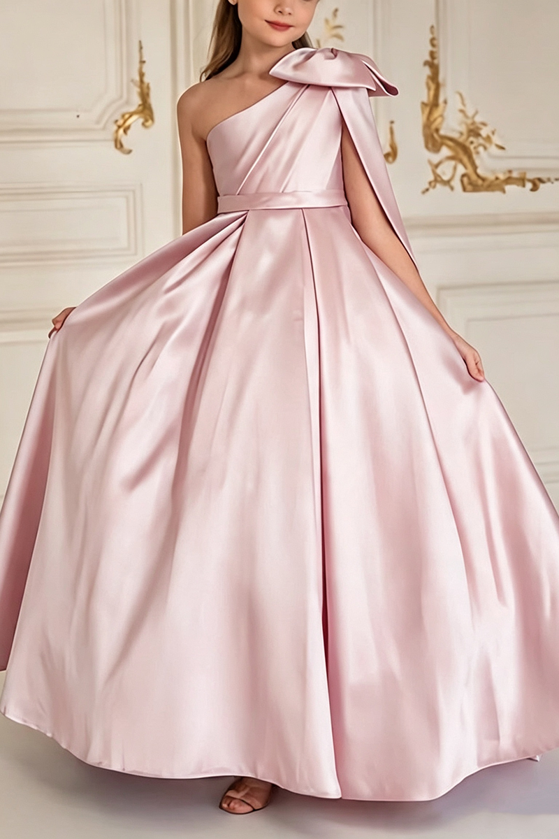 Girls Light Blue Satin One‑Shoulder Gown for Weddings with Bow Cape Detail