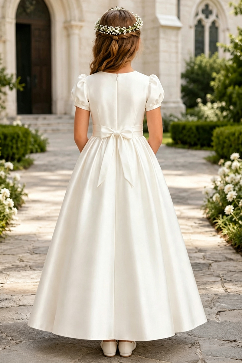 Girls Ivory Satin Floor‑Length Gown for Weddings with Puff Sleeves and Bow Sash