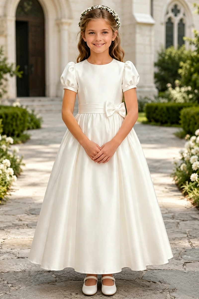 Girls Ivory Satin Floor‑Length Gown for Weddings with Puff Sleeves and Bow Sash
