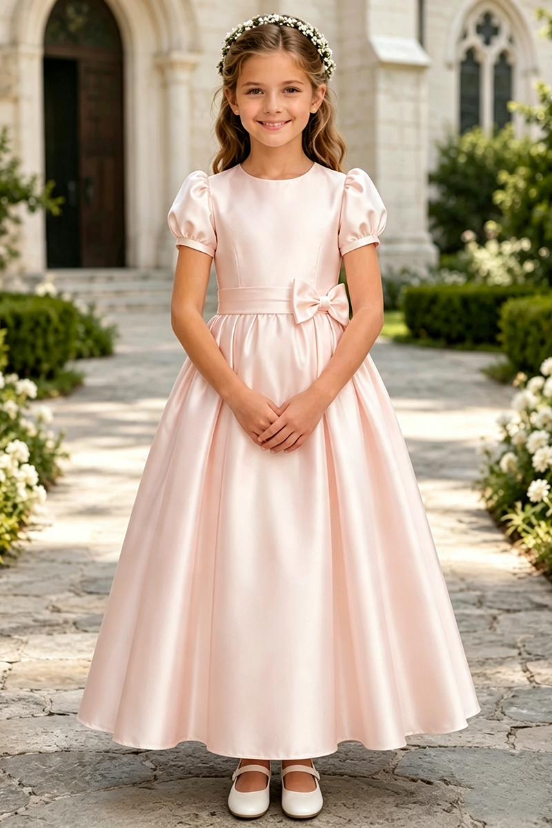 Girls Ivory Satin Floor‑Length Gown for Weddings with Puff Sleeves and Bow Sash